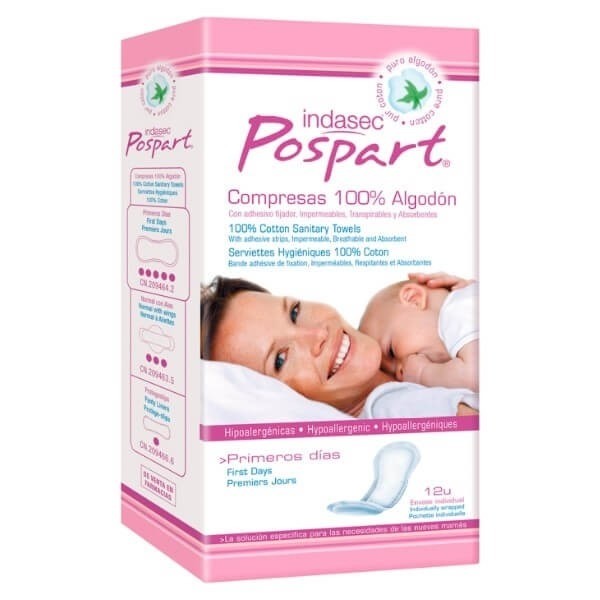 Indasec Pospart Compresas Tocológicas Algodón Primeros Días 12 Unidades